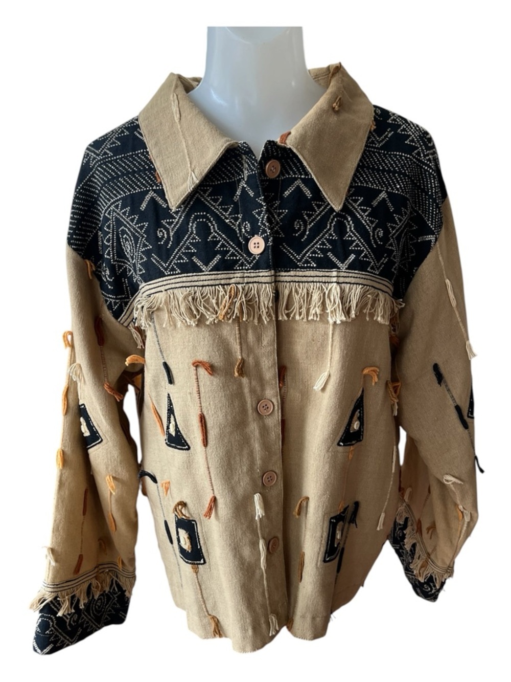 Vintage Silver Stream Boho Fringe Embroidered Jacket in Beige and Black XL